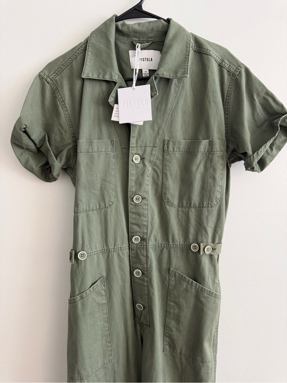 pistola Olive Green Short-Sleeve Button Jumpsuit Shirt